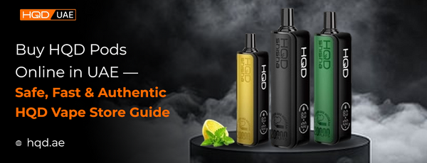Buy HQD Pods Online in UAE – Authentic HQD vape pods in multiple colors with mint and lemon props beside, promoting safe and fast online shopping at hqd.ae.
