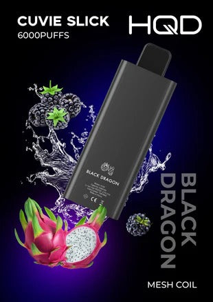 HQD Cuvie Slick 6000 puffs Black Dragon disposable vape featuring mesh coil with blackberry and dragon fruit flavor visuals